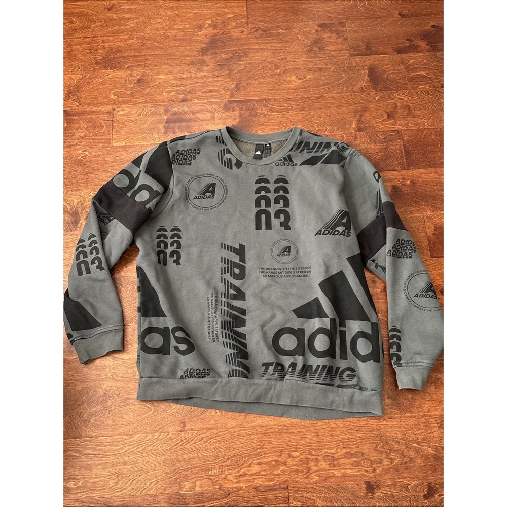 Adidas Sweatshirt Men Large Gray AOP Training Pullover Crew Jumper Sweater 2XL